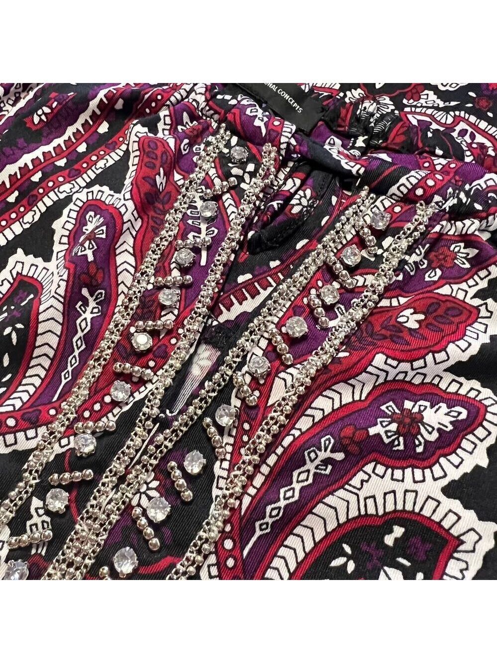 INC Womens Jewel Neck Mini Shift Dress with Bling sz M Black Burgundy Paisley - Picture 5 of 7